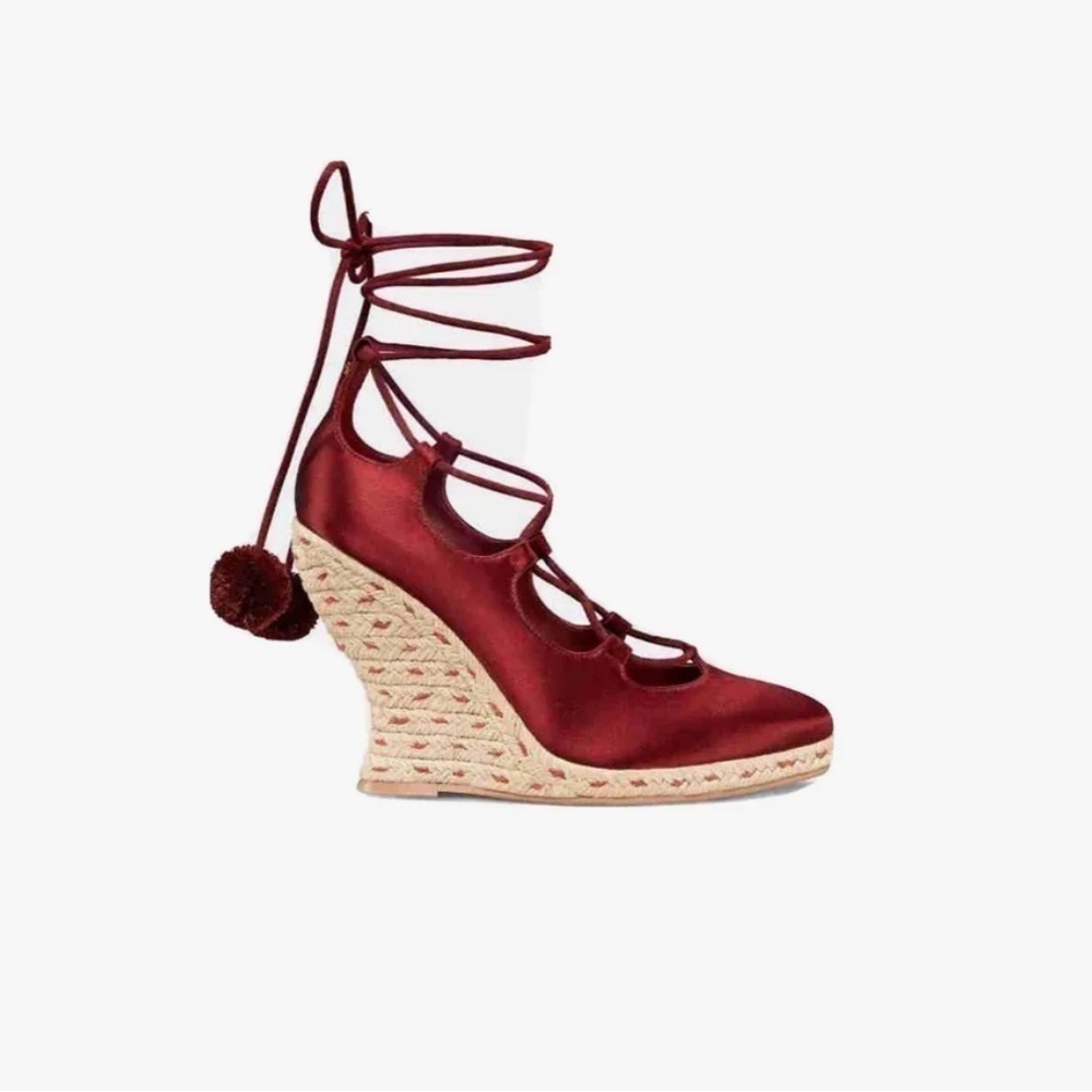 Tory Burch High Heels Wedge Espadrilles Pompoms Satin Merlot size 5.5 - Picture 3 of 10